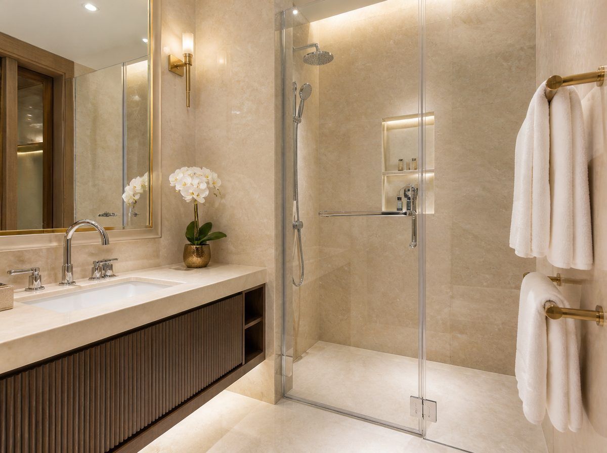 Spotless marble bathroom with glass shower