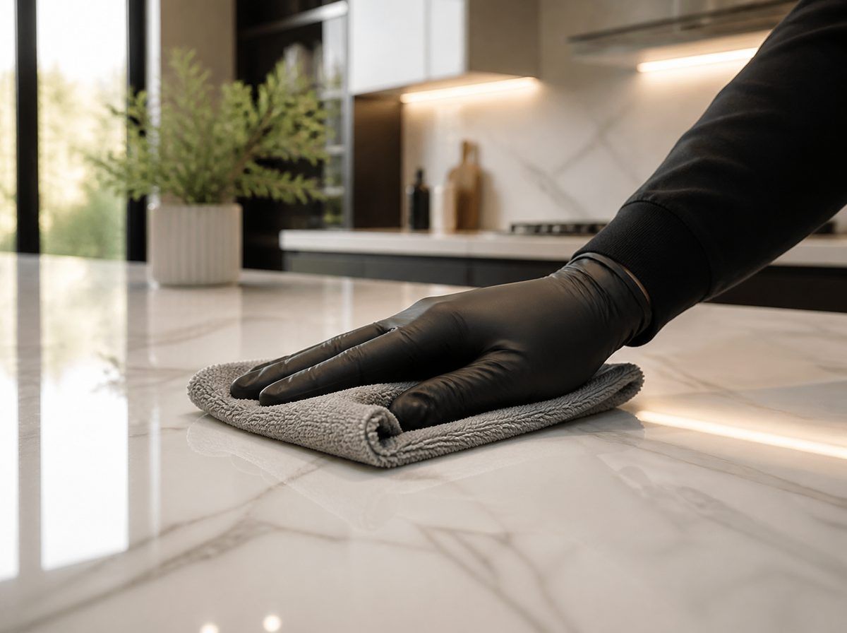 Gloved hand wiping a marble kitchen island